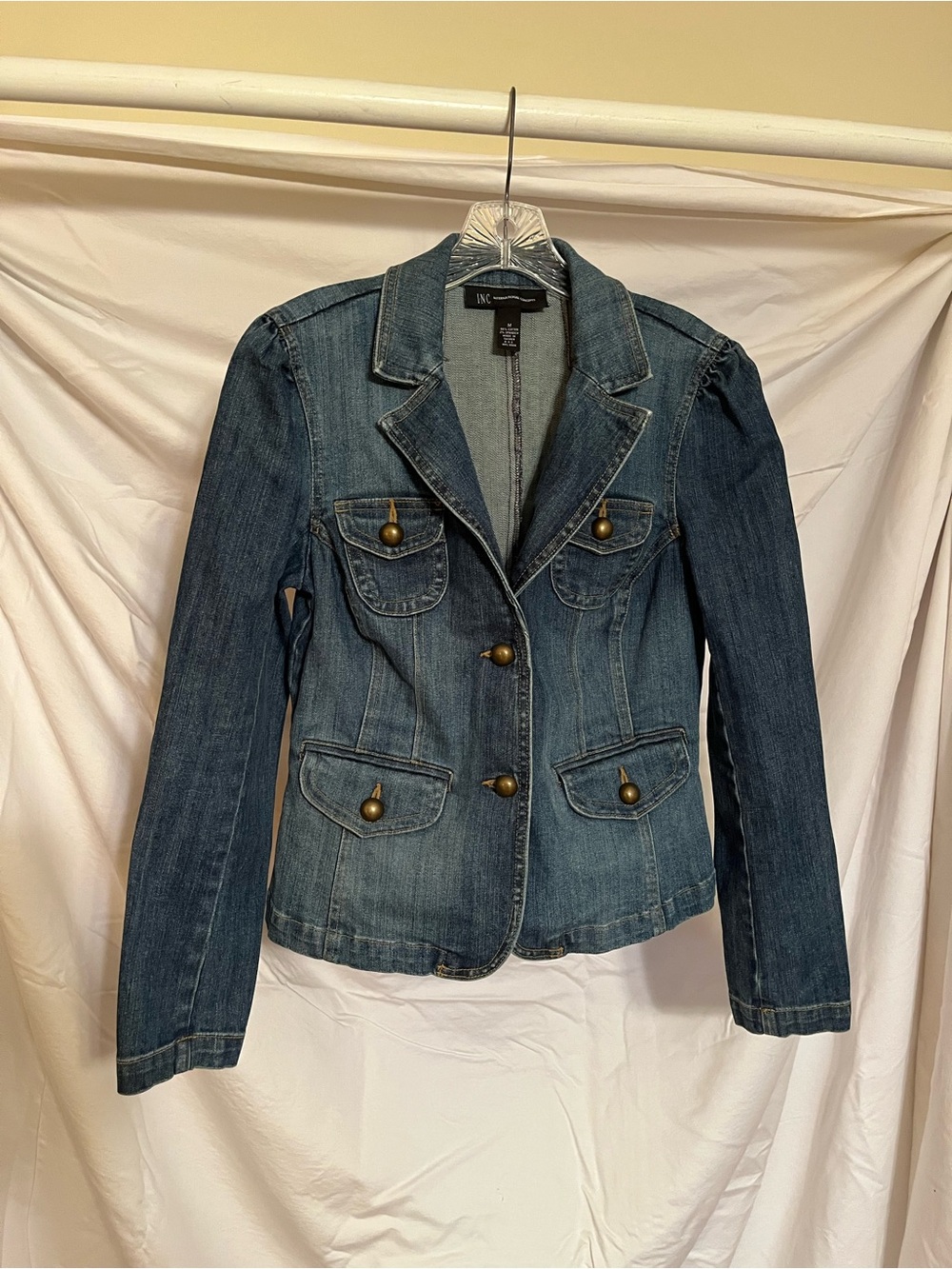INC International Concepts Dark Blue Denim Blazer Jacket with Brass Buttons